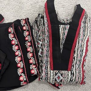 Black cotton Embroidered V-Neck Tunic with Red Floral Accents